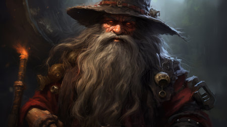 a man with long hair and a hat, holding a staff, is depicted in this highly detailed and realistic portrait. the artist has skillfully captured the strong facial expression of the subject, using bold colors and strong lines. the dominant red and brown tones add to the overall wizardcore aesthetic of the image. ai generatedの素材