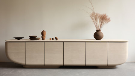 an oversized beige couch, inspired by the minimalist ceramics of willem claesz heda, is placed in the center of a room. the sustainable design showcases varying wood grains and a limited color range, exuding a minimalist beauty reminiscent of truls espedal's work. ai generatedの素材