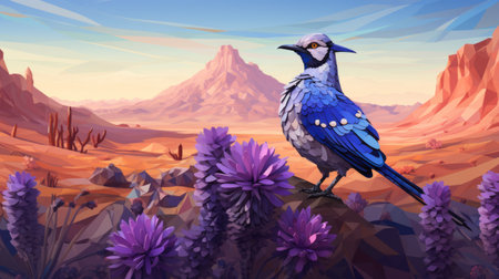 a bird perches on vibrant purple flowers in the desert, creating a captivating scene reminiscent of 2d game art. this richly detailed genre painting showcases bold character designs against a backdrop of fictional landscapes. the blue, ultra-high-definition image captures the azure beauty of the surroundings. ai generatedの素材