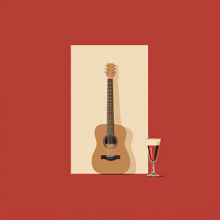 a guitar and beer glass are placed on a vibrant red background, showcasing a minimalist style reminiscent of gediminas pranckevicius' romantic and elegant illustrations. the composition is simple yet captivating, with muted tones and a touch of humor, creating a unique and baroque-inspired tableau. ai generatedの素材