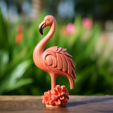 a flamingo, carved in intricate detail, stands gracefully on a wooden table adorned with vibrant flowers. the light pink and dark orange hues of the sculpture bring it to life, showcasing the skill of the painters and sculptors who created it. captured with a topcor 58mm f14 lens, the photo highlights the fine lines and handcrafted designs, while the depth of field adds a touchの素材