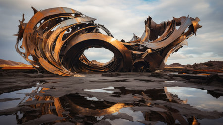 the photo captures a stunning sculpture created with water, showcasing the unique style of rusty debris and distorted perspectives. the exaggerated forms and apocalyptic landscape add a captivating touch. this high-definition image, reminiscent of elihu vedder's work, beautifully showcases the depth of field and the contemporary metallurgy techniques used in its creation. ai generatedの素材