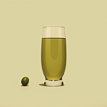 a shot glass filled with olive oil and a slice of raw olive, captured in the style of oliver wetter's neo-geo minimalism. this tonalist genius artwork showcases the use of screen tones, classic japanese simplicity, and a touch of hieronymus bosch's influence. ai generatedの素材