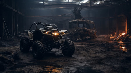 an old atv parked inside a dilapidated building, surrounded by dirt, is captured in a photo with dramatic lighting effects. the image showcases innovative techniques like matte painting and rtx, creating a rich and immersive visual experience. reimagined by industrial light and magic, this bombacore-inspired scene combines nostalgia with cutting-edge technology. ai generatedの素材