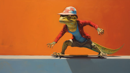 a lizard on a skateboard, captured in the expressive oil study style of scott listfield, reminiscent of the works of jeff danziger and the visual aesthetics of wes anderson. this unique image combines elements of speedpainting, concept art, and the skill of a marine painter. ai generatedの素材