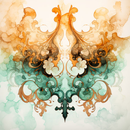 a decorative watercolour painting featuring a symmetrical abstraction of an orange and blue coloured fish. the artwork is created in the style of baroque ornate flourishes, with light turquoise and dark amber hues. the fish is depicted with dreamlike abstraction, resembling mist and showcasing elements of rococo extravagance. ai generatedの素材