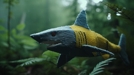 a green and blue shark swims amidst ferns in a tree-filled landscape, showcasing a rendered style in unreal engine. the image features a dark yellow and gray color palette, capturing the essence of inclement weather. with intense close-ups and a toycore aesthetic, this movie still exhibits pointillist precision. ai generatedの素材