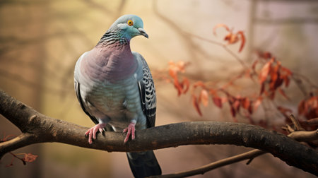 blue pigeon perched on a branch, showcasing vibrant yellow feathers. the image is captured in a dark silver and light pink style, with a sepia tone effect. the wide-angle lens adds depth to the composition, while digital enhancements enhance the overall visual appeal. the pigeon's presence evokes emotional intensity, complemented by hints of light crimson and green. subtle touches of light purple and gray completeの素材