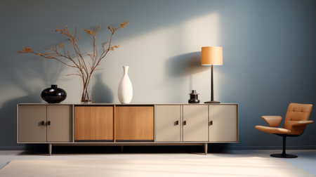 a cabinet and lamp are showcased in this photo, complemented by a small white chair. the design follows a zen minimalism style, with light sky-blue and dark amber accents. the muted earth tones and monochromatic shadows create a calming atmosphere. the media-savvy approach is evident in the artus scheiner influence, with a color palette dominated by gray and beige. ai generatedの素材