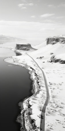 a black and white photo captures a road winding alongside the serene waters, reminiscent of national geographic's iconic style. the terragen software enhances the snow scenes and pastel-colored landscapes, while the rim light adds a touch of drama. with its stunning 8k resolution, this birds-eye-view image immerses viewers in a captivating visual experience. ai generatedの素材