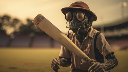 cricket fan in a post-apocalyptic surrealism-inspired, elaborate red suit, holding a baseball bat. this national geographic photo showcases a sepia-toned, ultra-high-definition image with a shallow depth of field. created using zbrush and featuring elements of frogcore, this unique composition captures the essence of the subject's passion and creativity. ai generatedの素材