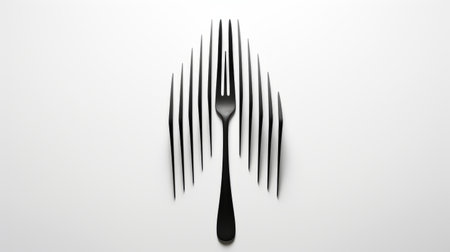 a photo of a unique art piece featuring a fork and ashtray design. the artwork showcases a creative combination of food and utensils, with bold black lines reminiscent of george digalakis' style. the design incorporates jagged edges inspired by julio le parc and suspended/hanging elements similar to ed freeman's work. the composition achieves a symmetrical balance. ai generatedの素材