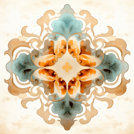 an ornate flower, inspired by rococo art and design, is showcased against a background of light azure and amber hues. the intricate organic forms seamlessly blend with geometric shapes, creating a symmetrical and visually captivating composition. this watercolor illustration by elba damast offers an aerial view of a mesmerizing and harmonious display of artistic craftsmanship. ai generatedの素材