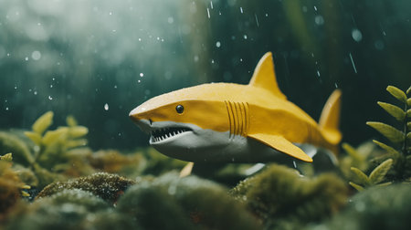 a lego shark with its head up and mouth closed is captured in this underwater waterfall art piece. the artwork, created using lego bricks, showcases a soft focus nostalgia style with a combination of dark yellow and light white tones. the photorealistic depiction of wildlife in inclement weather is enhanced by the intricate details of the lego miniatures. the bokeh effect adds a touch ofの素材