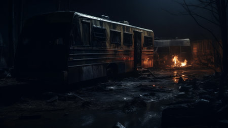 two rv trailers are nestled in a dense, mysterious forest, showcasing the stunning realism and intricate details of unreal engine 5. this scene captures the essence of gritty urban environments, reminiscent of nyc explosion coverage. the hyper-detailed renderings, created by renowned artist peter coulson, are texture-based and enhanced with rtx technology, resulting in a visually captivating experience. ai generatedの素材