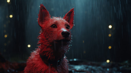 a dog sits in the midst of a rainy forest, surrounded by shimmering mist. the scene is reminiscent of cyberpunk aesthetics, with vibrant red and crimson hues. the image is captured in the style of unreal engine 5, evoking a sense of surrealism. the close-up shot highlights the dog's playful expressions, while the wet-on-wet blending adds an artistic touch. ai generatedの素材
