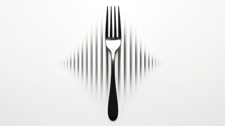 the fork, in a surrealistic distortion style, is placed on a white background with black lines. this stimwave-inspired photo showcases a realistic depiction of light and hypnotic symmetry. with elements reminiscent of an associated press photo, yankeecore, and advertising-inspired aesthetics, this image captivates with its unique visual appeal. ai generatedの素材