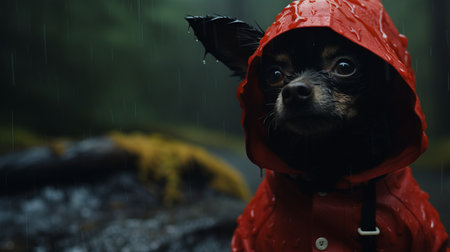 a small dog wearing a bright red raincoat stands against a tree, showcasing the aesthetics of unreal engine 5. this close-up shot captures the charm of alessio albi's photography style, blending playful and dark elements. the wilderness backdrop adds to the overall appeal of this image, featuring a charming character in an eye-catching outfit. ai generatedの素材