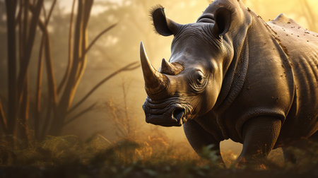 a rhino, portrayed in a luminous 3d style, walks confidently through dense brush. the golden light enhances the photorealistic rendering, highlighting the rhino's strong facial expression. this innovative technique, using cryengine, brings a historical reimagining to life. ai generatedの素材
