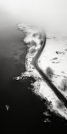 a black and white photograph capturing a realistic aerial view of a snow-covered landscape. the photo showcases soft, tonal colors and features whiplash curves, reminiscent of the die brucke art movement. taken with a high-quality canon eos 5d mark iv, this stunning image beautifully captures the essence of the scene. ai generatedの素材