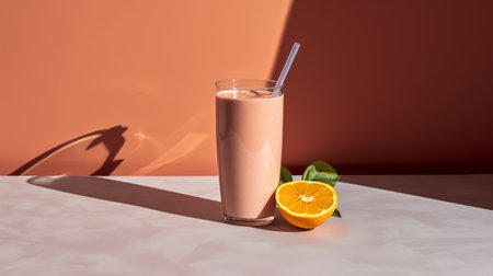 glass of orange juice with straw in front of yellow wall. commercial imagery with a light pink and light gray color scheme. velvia, warmcore, and dark brown and orange tones create a warm and inviting atmosphere. the image is creased, adding a touch of texture. the composition showcases exacting precision. ai generatedの素材