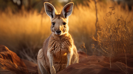 a kangaroo perched among rocky terrain, bathed in golden light, showcases intricate facial features. this photobash captures the essence of a national geographic-style photo, with a color palette of orange and beige. the close-up shots highlight the kangaroo's detailed features, while the warm tones of light crimson and brown add depth to the image. ai generatedの素材