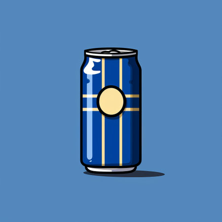 a blue beverage can is featured against a blue background, reminiscent of the danish golden age. the simplistic cartoon style combines with striped, stark visuals, evoking an interstellar comic book art vibe. the weathercore aesthetic is enhanced by the simplistic characters, creating a visually captivating image. ai generatedの素材