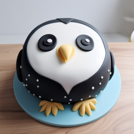 an owl-themed cake featuring black and white eyes and details, rendered in a simplistic cartoon style using cinema4d. this 8k 3d cake showcases hyper-realistic animal illustrations, with a color palette of dark black and light azure. the cake's design is smooth and polished, reminiscent of the konica big mini camera. ai generatedの素材