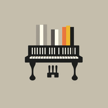 a piano flat illustration in the style of dissected books, featuring shades of gray and beige. this free vector illustration can be downloaded by clicking on the thumbnail. the design is inspired by the works of paul rand, carpetpunk, cody ellingham, and tonalist genius, incorporating stenciled iconography. ai generatedの素材