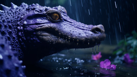 a realistic and hyper-detailed wallpaper featuring a rain-soaked crocodile. rendered in the style of unreal engine, the wallpaper showcases vibrant shades of light purple and indigo. with accurate portrayal of fauna and flora, this artwork pays homage to the renowned artist frans snyders. captured using the sony alpha a1 camera, the wallpaper is a stunning display of vray tracing technology. ai generatedの素材