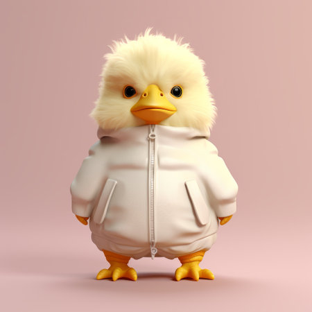 a cute little animal, resembling a duck, is captured in this photo. it is wearing a white jacket and a white headgear, giving it a unique and stylish appearance. the design is inspired by the popular zbrush software, resulting in a colorful and eye-catching look. the combination of dark yellow and light pink adds to its charm. this avian-themed creature showcases a normcore fashion style,の素材