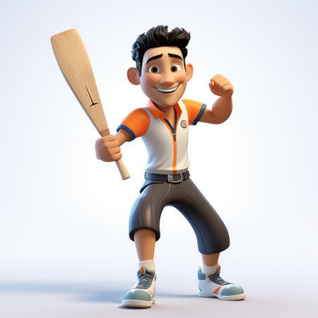 a cartoon man holding a bat, in the style of vray tracing, showcases the vibrant indian pop culture. the youthful protagonists add a playful touch to the light orange and white color palette. the artwork's hyper-realistic details, created by alex robinson, bring out the charm of the characters. ai generatedの素材