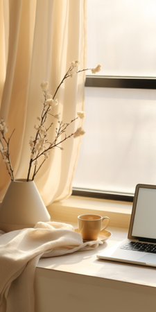 a laptop sits on a desk in front of a window, featuring a light beige and light amber design. the scene is adorned with cherry blossoms, showcasing soft tonal transitions and flowing draperies. the image exudes a cozy and rustic vibe, enhanced by the sabattier filter, capturing the essence of comfycore and cottagecore aesthetics. ai generatedの素材