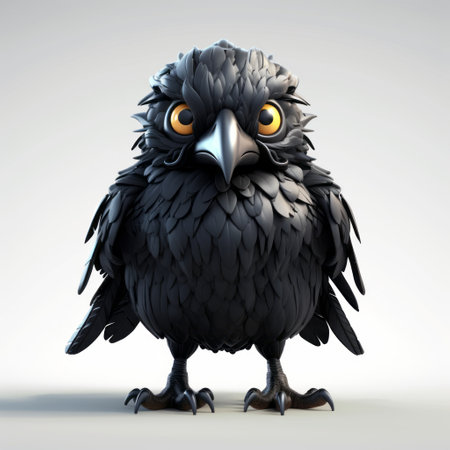 a small black bird with big eyes, featuring detailed character design in the style of zbrush. this 3d manticore has a dark gray color and showcases sharp and clever humor. perfect for cryengine enthusiasts seeking a unique and visually striking character. ai generatedの素材