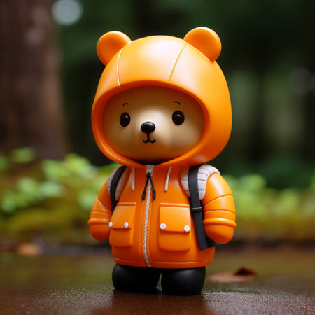a miniature bear wearing a raincoat is depicted in this photograph. the bear is designed in the style of vray tracing and anime-inspired characters. the raincoat is orange in color, adding a vibrant touch to the image. with a streamlined design and photographically detailed portraitures, this 32k uhd photo captures the essence of hikecore aesthetics. ai generatedの素材