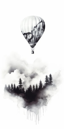 aerial air balloon with water droplets and tree, depicted in the style of ink-wash landscape. this dreamlike illustration combines elements of environmental portraiture and romanticized depictions of wilderness. the smokey background and black and white contrasts enhance the ethereal atmosphere, while the watercolor technique adds a touch of artistic charm. ai generatedの素材
