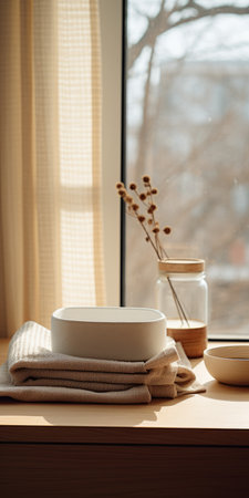 a white dish with a white plate is placed on a table near an open window. the image showcases a light amber and beige color scheme, reflecting an industrial and product design style. the nature-inspired installations add a touch of creativity. this uhd image was captured using the tokina at-x 11-16mm f/2.8 pro dx ii lens, and it incorporates elements of synthetism and the useの素材