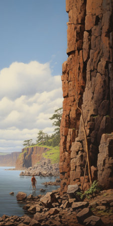 rocks and foliage of bluff captured in a realist figure painting style, showcasing the stunning xbox 360 graphics. this artwork combines elements of hard edge painting, northwest school, and precisionist lines, resulting in a piece that boasts realistic detail and the intricate techniques of gongbi. ai generatedの素材