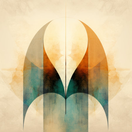 abstract shaped logo in the style of faith-inspired art, featuring a dark aquamarine and light amber color palette. the logo has an architectural drawing aesthetic with elements of gothic futurism. created using a watercolor technique, this symmetrical balanced design is visually captivating. found on flickr. ai generatedの素材
