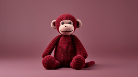 a photo of a knitted and crocheted toy monkey is depicted in this dark crimson wallpaper. the realistic and detailed rendering showcases the simplicity and monochromatic color palette of the image. the soft sculpture technique used by the object portraiture specialist creates a sense of monochromatic harmony. ai generatedの素材
