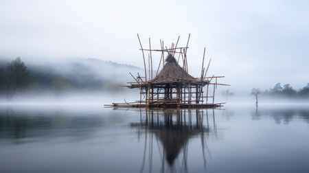 a traditional wooden house and bamboo bridge stand amidst a foggy lake, creating a captivating scene reminiscent of conceptual installation art. this photograph captures the essence of dimitry roulland and yaka art's geometric structures, as well as the artistic influence of sopheap pich. with its faded palates, this national geographic photo showcases the beauty of this unique setting. ai generatedの素材