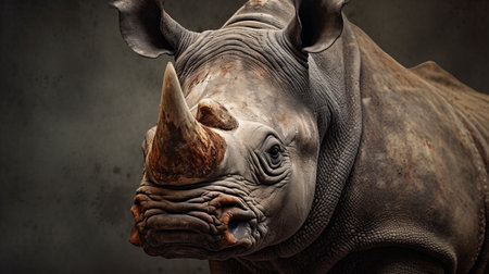 a female rhino with antlers is captured in this expressive, textured portraiture photograph. the image showcases the rhino's majestic presence and unique features. shot in 8k resolution, the dark white and orange tones add depth and intensity to the composition. this national geographic photo beautifully combines naturalistic bird portraits with the concept of filthy sculptures, resulting in a captivating visual. the technique of focus stackingの素材