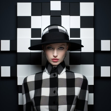 a young woman wearing a black hat stands in a black and white checkered field. the image is created in the style of voxel art, featuring bold color blocks. the artwork, by anton fadeev, showcases elegant and emotive faces, as well as elegant clothing. this studio portrait resembles a three-dimensional puzzle. ai generatedの素材