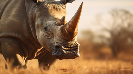 a majestic white rhino stands gracefully on the lush green grass, bathed in the warm golden light of the setting sun. this captivating image showcases the power and beauty of nature, with its texture-rich surfaces and strong facial expression. captured using a large format lens and enhanced with rtx technology, this nature-inspired imagery tells a compelling visual story. ai generatedの素材