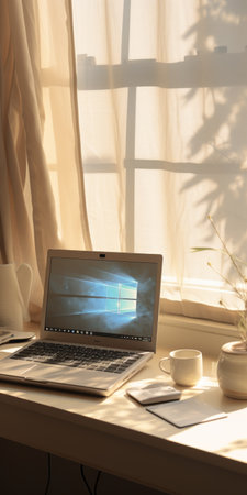 a laptop with soft and dreamy atmosphere showcasing windows, solarizing master, and the snapshot aesthetic. the light and shadow contrasts create a captivating visual. this image captures the essence of happenings and future tech, while also exuding a pastoral charm. ai generatedの素材