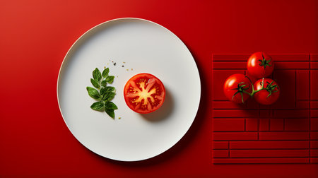 tomato on a white plate surrounded by fresh tomatoes and green leaves. this visually captivating image showcases layered imagery with subtle irony, vibrant geometries, and monochromatic tones. the use of projection mapping and bold color fields adds depth and intrigue to this tabletop photograph. the meticulous attention to detail and vray tracing technique further enhances the overall visual appeal. ai generatedの素材
