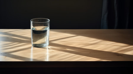 glass on dining table with juxtaposition of light and shadow, sparkling water reflections. captured using tokina at-x 11-16mm f/2.8 pro dx ii lens. inspired by charles spencelayh's minimalistic japanese style. painted on unprimed canvas, the sunrays beautifully shine upon the glass. ai generatedの素材