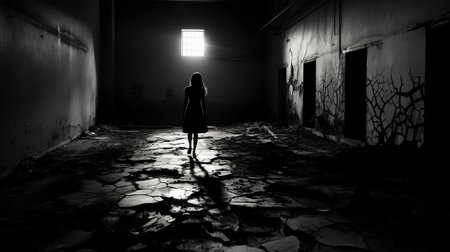 a black and white photograph captured in an abandoned space, showcasing a dark and eerie atmosphere. the image depicts a person standing in the darkness, evoking a horror concept art photography style reminiscent of erica hopper. the silhouette lighting adds to the haunting ambiance. taken with a nikon d750, this high-quality, ultra-high-definition (uhd) image is reminiscent of the unsettling aesthetic found in creepypasta stories. influencedの素材