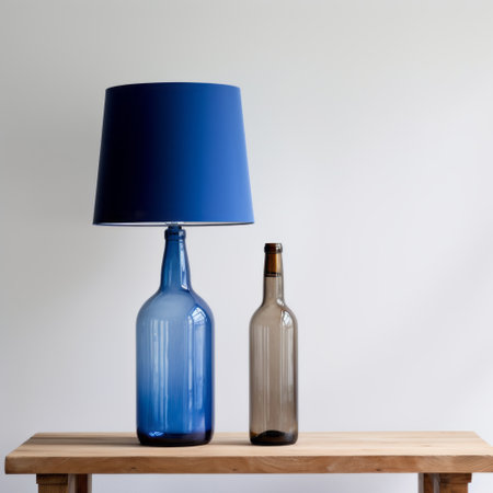 glass bottle lamp in the style of dark azure and indigo, created by artist scarlett hooft graafland. this minimalist photography piece, inspired by the works of walter langley, features a captivating combination of dark purple and sky-blue hues, with hints of dark beige and indigo. the dark sky-blue and dark beige tones add depth and intrigue to this stunning glass bottle lamp. ai generatedの素材