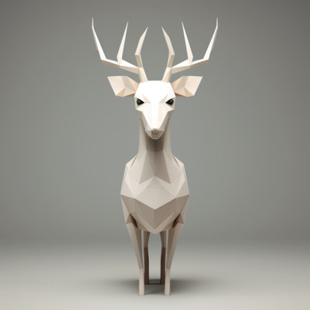 a low poly deer, created using displacement maps and sculpting techniques, showcases a symmetrical design with a minimalist still life aesthetic. the dark white and light white color scheme adds depth to the multi-layered figures, while the streamlined design and use of paper enhance the minimalistic portraits. ai generatedの素材